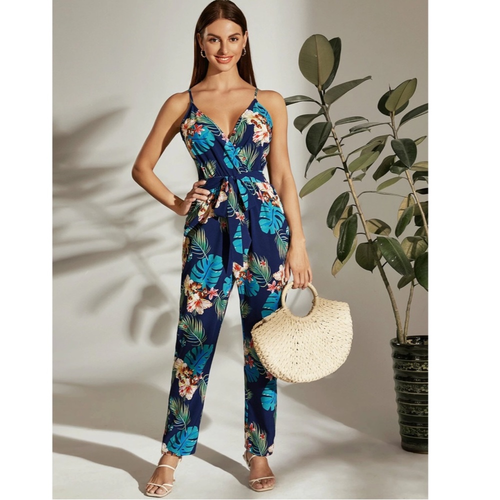 Blue Tropical Floral Print Belted V-Neck Cami Jumpsuit - Picture 6 of 8